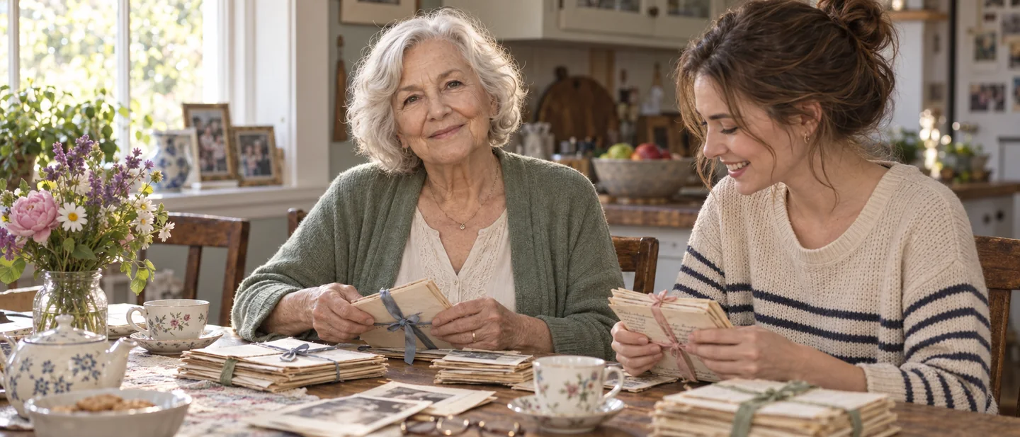 Eleanor Price looking through family letters with her granddaughter, a fictional AI-generated photograph